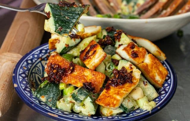 Smashed cucumber and halloumi salad