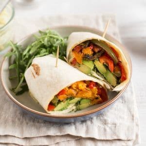 Sweet potato, bell pepper, and avocado wraps